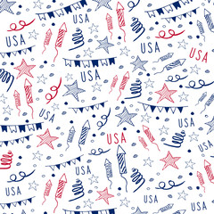 4th of July. USA independence day celebration banner. Hand draw doodle pattern. Vector illustration.