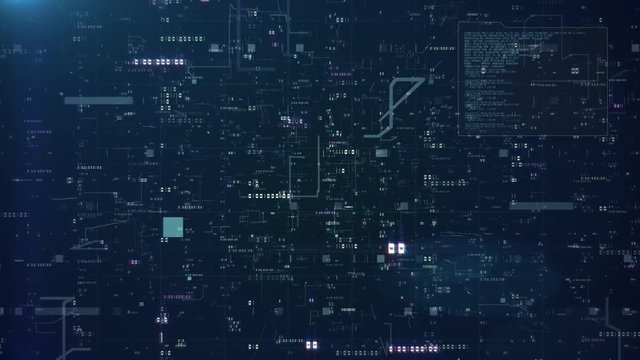 Flying Through Data, in a 3D Space, Showing Codes, Numbers And Bits Of Data On A Dark Background. Created in 4k