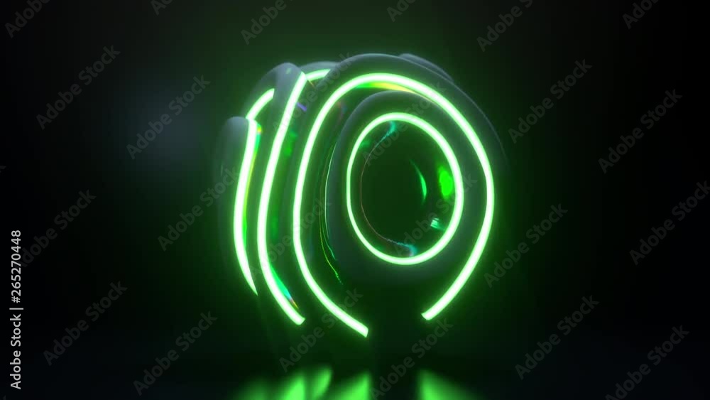 Poster glowing neon light sphere. abstract background with futuristic green wavy ripples. motion design tem