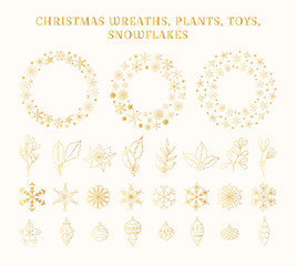 Big set of hand drawn golden Christmas plants, toys, balls, snowflakes and star frames. Winter mistletoe and holly for greeting card decoration. Vector isolated holiday design elements, gold wreaths.