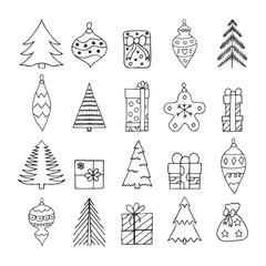 Set of hand drawn Christmas trees, toys, balls and gifts. Winter elements for greeting card decoration. Vector isolated holiday design decor.