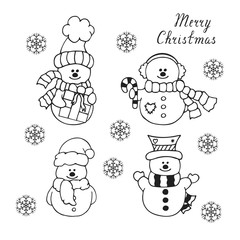 Set of hand drawn cute Christmas snowman with scarf, candy and gift. Winter snowflakes for greeting card decoration. Vector isolated holiday design elements.