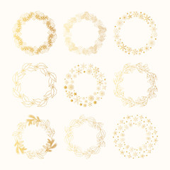 Set of hand drawn golden pine with cone, mistletoe and holly, stars and snowflakes frames. Christmas holiday floral gold coniferous wreaths for decoration. Vector isolated evergreen branches borders.