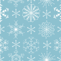 Hand drawn winter snowflakes seamless pattern. Vector Christmas gift wrapper background. 