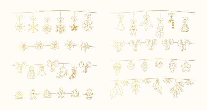 Set of hand drawn Christmas golden garlands with bows and holiday toys. Festive gold stars and snowflakes borders, fancy dividers.