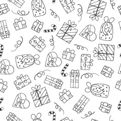 Hand drawn Christmas seamless pattern with gifts and candy. Vector birthday present wrapper background. 