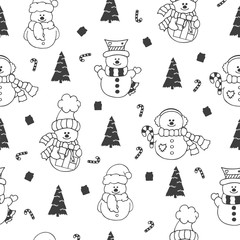 Hand drawn cute Christmas seamless pattern with snowman in the candy forest. Winter floral doodle for greeting card decoration. Vector isolated holiday design elements.