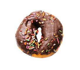 Colorful holiday donuts with chocolate cream and  multicolored topping top view isolated on white background with clipping path