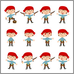 Collection of funny pirate in cartoon style in different poses and emotions isolated on white background