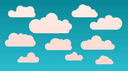 Vector cartoon flat shape clouds set isolated on a blue background. Abstract cloudscape, heaven and sky with warm colors. Template for illustration
