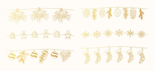 Set of hand drawn Christmas golden garlands with mistletoe, fir and pine branches. Festive snowflakes borders, gingerbread dividers.