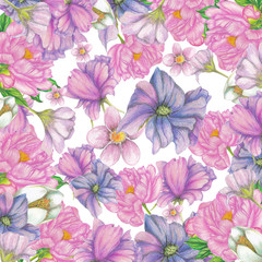 Hand drawn botanical  pattern of garden wildflowers,plants