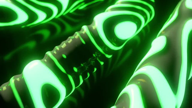 Glowing neon light shapes. Abstract background. Surface with wavy ripples. Motion design template. Cylinders with strobing curly pattern. 3d loop animation. Alien radioactive substance. 4K UHD