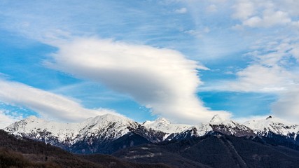 First snow. Autumn in the mountains of Krasnaya Polyana, Sochi, Russia.