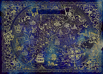 Atlas map of unknown world with fantasy creatures, pirate ship, compass on blue texture.