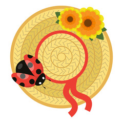 Straw summer hat with flowers and ladybug vector illustration