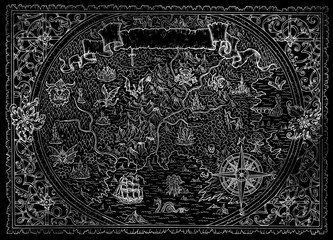 Naklejka premium Fantasy atlas map with unknown land, compass, pirate ship, vignette banner on black.
