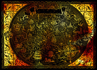 Golden atlas map of fantasy world with pirates, compass, mermaid, dragon on black.