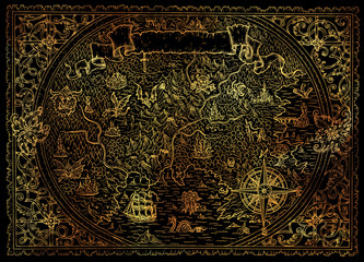 Fototapeta na wymiar Old fantasy map with vignette banner, sailboat, compass, victorian decorative patterns.