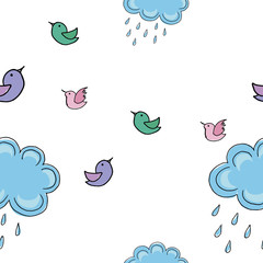 Cute summer pattern. Hand-drawn doodle of birds and clouds. Colored pictures on white background. Seamless background.