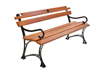 Wooden bench with legs bench made of black metal on a white background