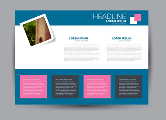 Landscape wide flyer template. Billboard banner abstract background design. Business, education, presentation, advertisement concept. Blue and pink color. Vector illustration.