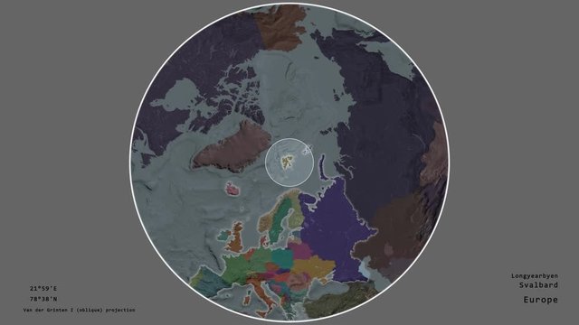 Svalbard and its capital circled and zoomed on the global administrative map in the van der Grinten I projection with animated oblique transformation. Animation 3D