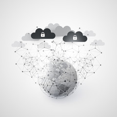 Cloud Computing and Global Networking Design Concept with Earth Globe and Geometric Mesh - Digital Network Connections, Technology Background 