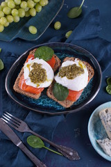 Poached Egg Sandwich, Salmon and Pesto Sauce