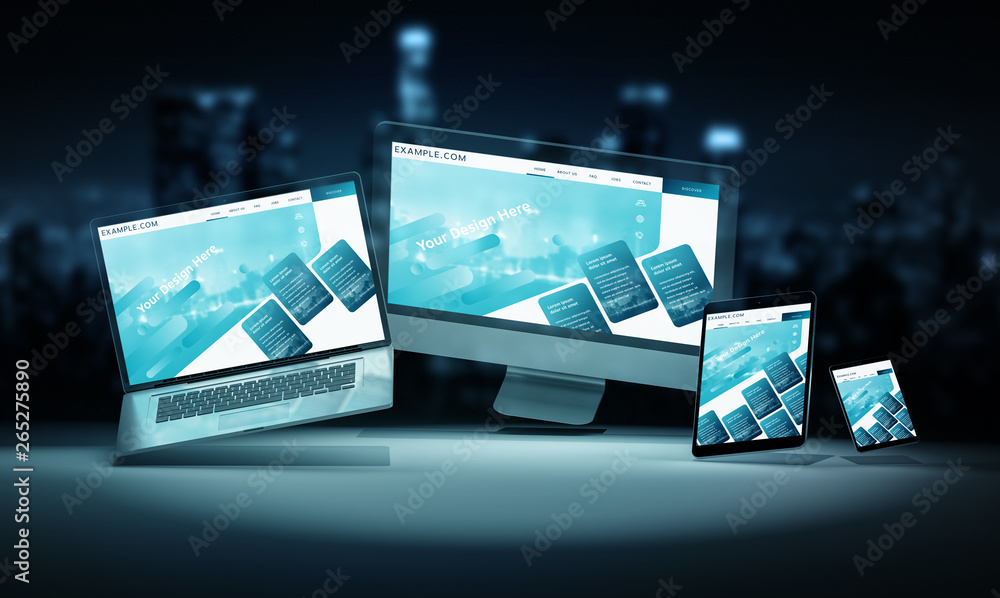 Aufkleber Modern devices with smartphone laptop computer and tablet in dark 3D rendering