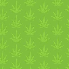 Marijuana green leaves on a light green background. Rasta pattern. Cannabis hemp template fill. Vector flat square clipart.