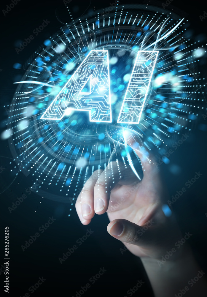 Poster businesswoman using digital artificial intelligence icon hologram 3d rendering