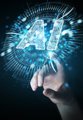 Businesswoman using digital artificial intelligence icon hologram 3D rendering