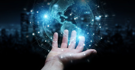 Businessman hand using America USA map globe network hologram 3D rendering