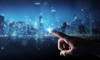 Businessman using floating digital network connections with dots and lines 3D rendering