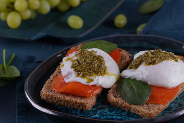 Poached Egg Sandwich, Salmon and Pesto Sauce
