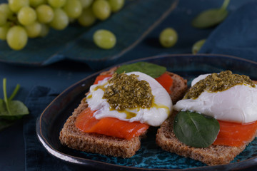 Poached Egg Sandwich, Salmon and Pesto Sauce