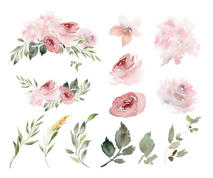 Set of vegetable watercolor elements for creating greeting cards with flowers.