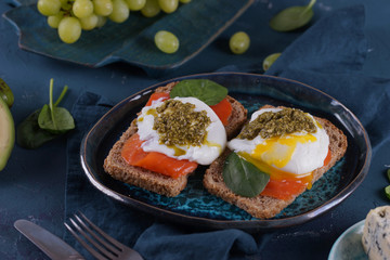 Poached Egg Sandwich, Salmon and Pesto Sauce