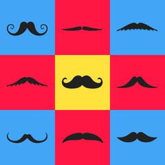 Seamless pattern with mustaches flat style design vector illustration. Black mustaches isolated on square color shapes background.