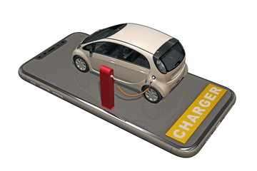 electric car with charging on smartphone screen