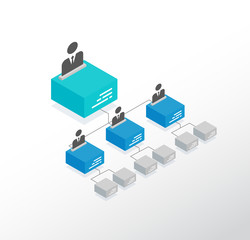 Isometric organization chart template with colorful 3D cubes and place for names and positions.