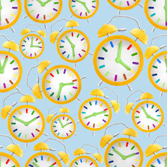 Drawn retro clock alarm seamless pattern. Backdrop, wrapping design, scrapbooking graphics on white background