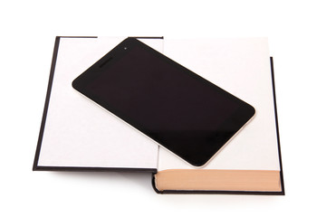 Ancient book and smartphone with headphones on white background