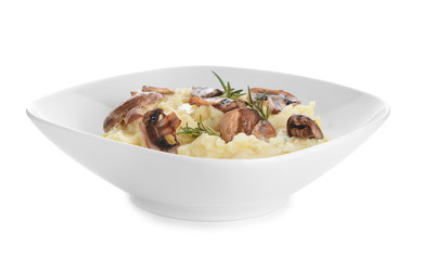 Plate with tasty mashed potato on white background