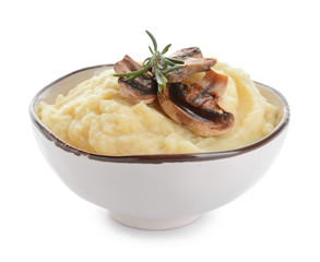 Bowl with tasty mashed potato on white background