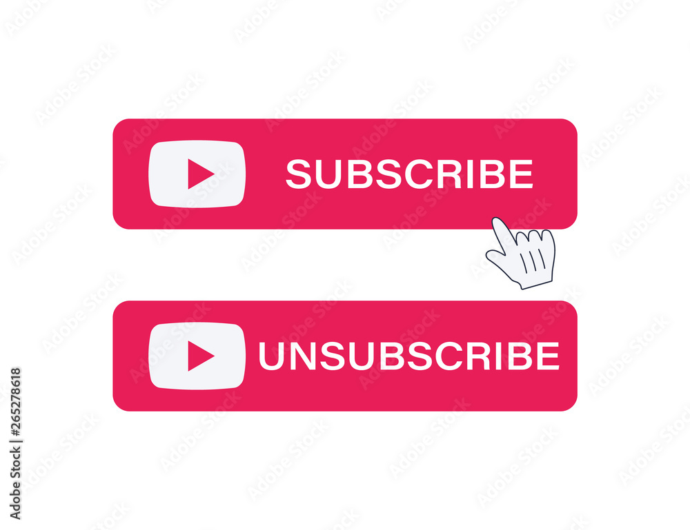 Poster Subscribe and Unsubscribe button. Red button sign in social media and hand cursor with shadow. Vector illustration. Web element ui.
