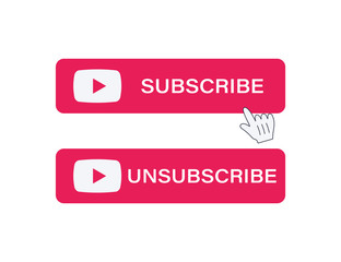 Subscribe and Unsubscribe button. Red button sign in social media and hand cursor with shadow. Vector illustration. Web element ui.