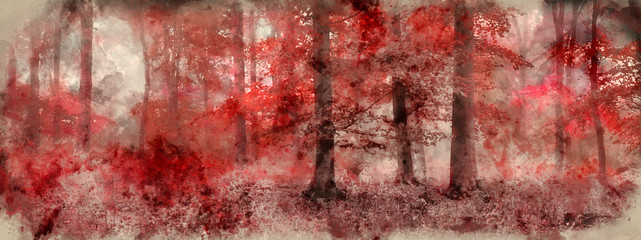 Naklejka premium Akwarela malarstwo piękne surrealistyczne alternatywny kolor fantasy jesień jesień obraz koncepcyjny krajobraz lasu