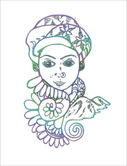 Psychedellic drawing of an Arab girl in a turban with patterns, mountain in the background.